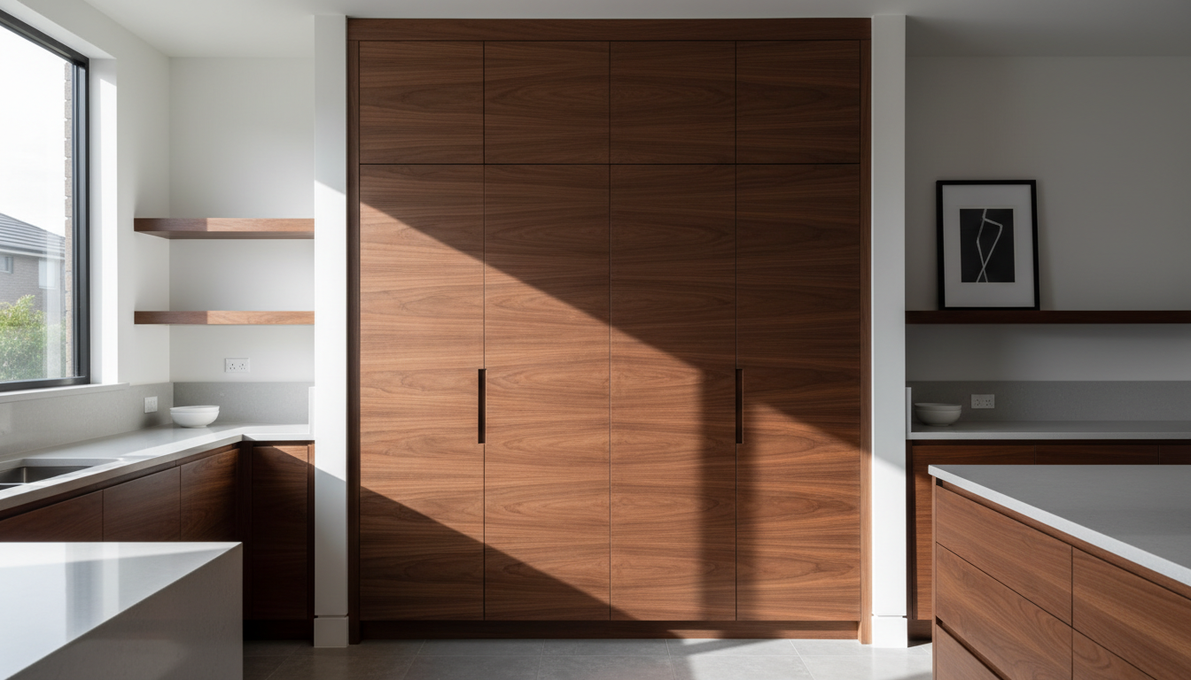 A meticulously crafted, floor-to-ceiling pantry cupboard made from rich walnut wood, showcasing sleek handle-free doors with a matte finish and seamless paneling. The cupboard is set against a modern open-plan kitchen, accented by quartz countertops and minimalist floating shelves. Natural daylight streams in from a large window, casting soft highlights along the wood grain and creating gentle, elongated shadows on the floor. The atmosphere is calm and sophisticated, emphasizing durability and bespoke craftsmanship. Photographed at eye-level with a centered composition and crisp, sharp focus, the style is clean and modern, reflecting high-quality custom design for an upscale home environment.