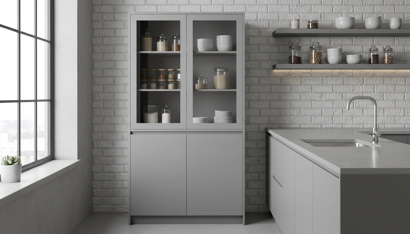 A compact, freestanding pantry cupboard in matte dove grey lacquer, featuring glass-fronted upper doors and solid lower cabinetry. The unit is staged in a chic urban kitchenette with polished concrete counters and subtle stainless steel accents. Diffused midday light enters through a nearby window, producing soft shadows and accentuating the cupboard's smooth, flawless surface. The mood is contemporary and efficient, suggesting space-saving without sacrificing elegance. Shot from a slightly high angle for a clear view of both interior and exterior details, the style is minimalist yet functional, aligning with modern urban living ideals.
