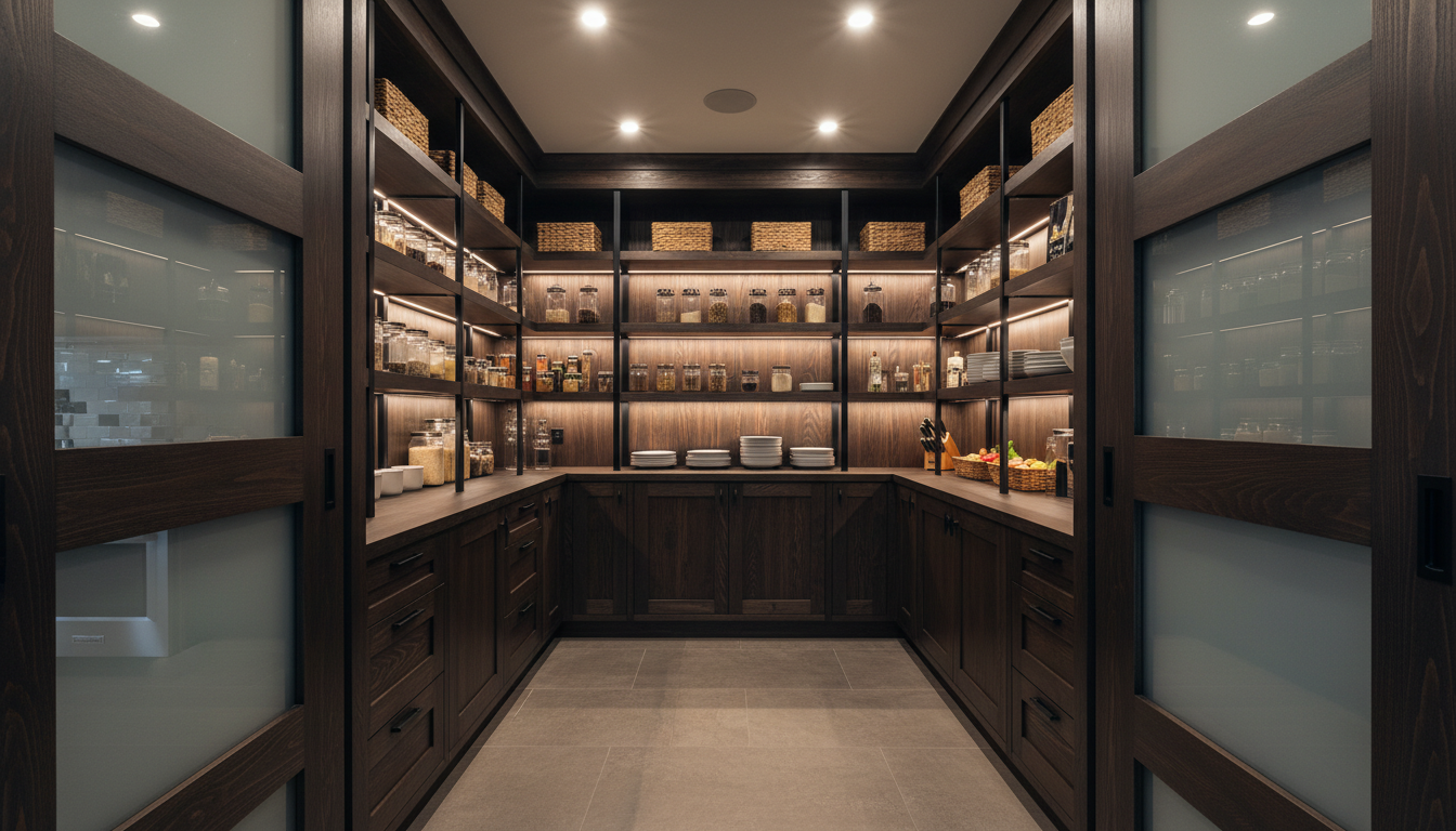 A luxurious walk-in pantry cupboard system built from dark-stained ash with contrasted metal shelving in matte black, featuring sliding barn-style doors with frosted glass inserts. Located in a spacious high-end home adjacent to a gourmet kitchen, the setting includes subtle under-cabinet lighting and ambient ceiling lights, enhancing the dramatic depth of the wood and metal elements. The atmosphere is bold and impressive, suggesting exquisite taste and abundant storage capacity. Captured from a dramatic low-angle perspective with leading lines, the composition emphasizes the grandeur and sophistication of this bespoke pantry solution, maintaining a modern, upscale visual identity.