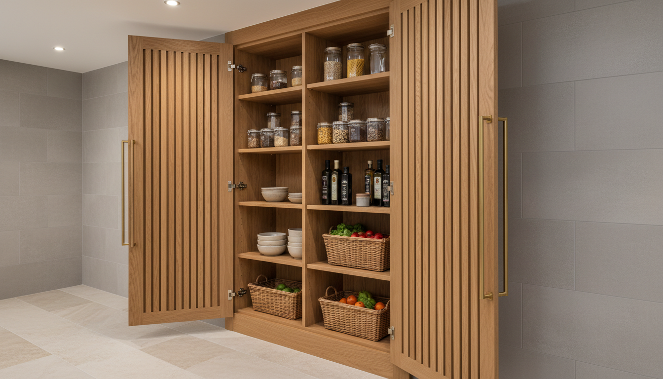 A stylish custom pantry cupboard with vertical slatted oak doors, detailed with brushed brass hardware and soft-close hinges. Positioned in a bright, contemporary kitchen, the cupboard is framed by matte porcelain backsplash tiles and pale stone flooring. Overhead recessed lighting bathes the scene in a warm, even glow, highlighting the cupboard’s refined texture and luxurious finish. The mood feels inviting and organized, offering a sense of order and premium living. Captured from a three-quarters angle with the cupboard open to reveal adjustable, tidy shelves stocked with pantry items. The aesthetic is modern, polished, and high-end, perfect for showcasing bespoke storage solutions.