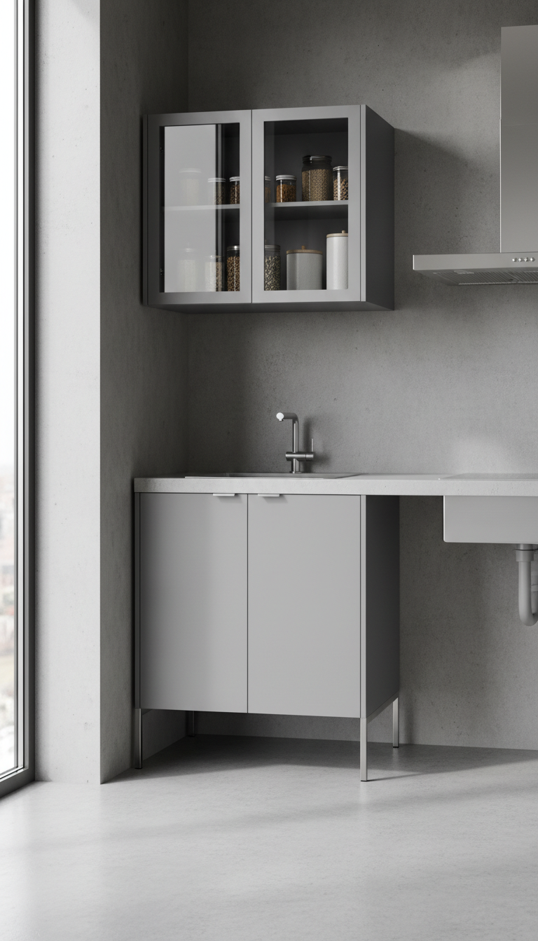 A compact, freestanding pantry cupboard in matte dove grey lacquer, featuring glass-fronted upper doors and solid lower cabinetry. The unit is staged in a chic urban kitchenette with polished concrete counters and subtle stainless steel accents. Diffused midday light enters through a nearby window, producing soft shadows and accentuating the cupboard's smooth, flawless surface. The mood is contemporary and efficient, suggesting space-saving without sacrificing elegance. Shot from a slightly high angle for a clear view of both interior and exterior details, the style is minimalist yet functional, aligning with modern urban living ideals.