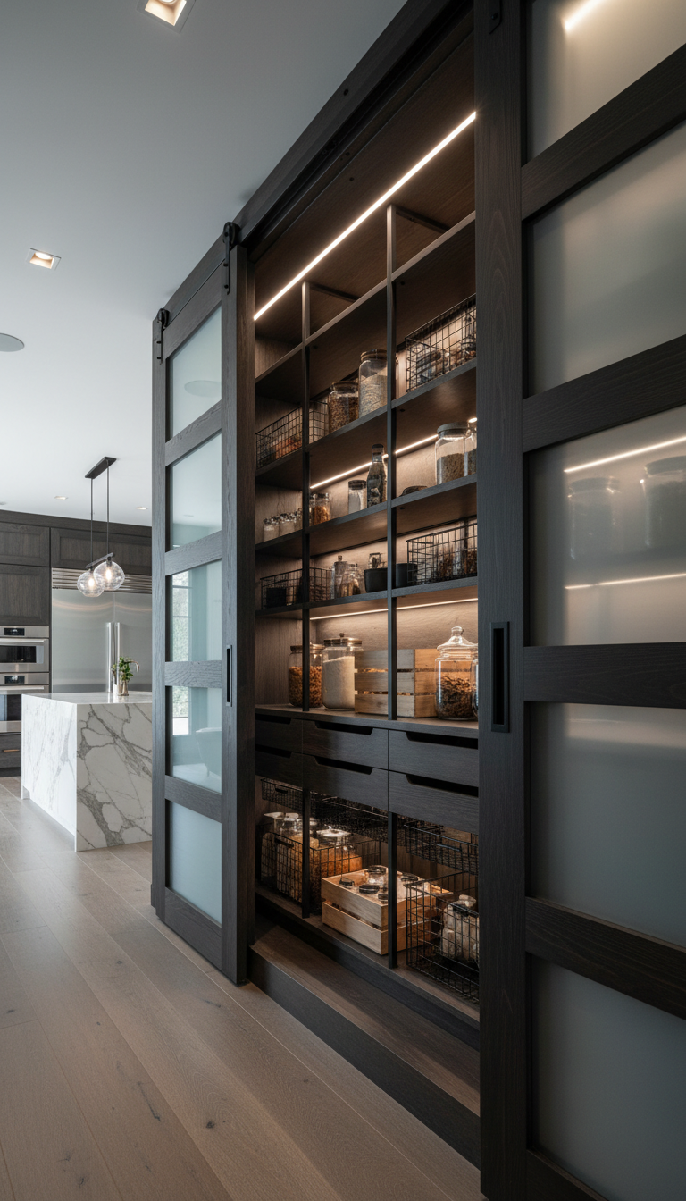A luxurious walk-in pantry cupboard system built from dark-stained ash with contrasted metal shelving in matte black, featuring sliding barn-style doors with frosted glass inserts. Located in a spacious high-end home adjacent to a gourmet kitchen, the setting includes subtle under-cabinet lighting and ambient ceiling lights, enhancing the dramatic depth of the wood and metal elements. The atmosphere is bold and impressive, suggesting exquisite taste and abundant storage capacity. Captured from a dramatic low-angle perspective with leading lines, the composition emphasizes the grandeur and sophistication of this bespoke pantry solution, maintaining a modern, upscale visual identity.