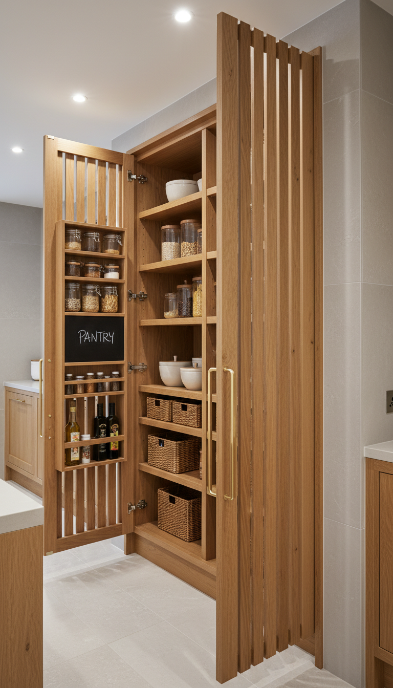 A stylish custom pantry cupboard with vertical slatted oak doors, detailed with brushed brass hardware and soft-close hinges. Positioned in a bright, contemporary kitchen, the cupboard is framed by matte porcelain backsplash tiles and pale stone flooring. Overhead recessed lighting bathes the scene in a warm, even glow, highlighting the cupboard’s refined texture and luxurious finish. The mood feels inviting and organized, offering a sense of order and premium living. Captured from a three-quarters angle with the cupboard open to reveal adjustable, tidy shelves stocked with pantry items. The aesthetic is modern, polished, and high-end, perfect for showcasing bespoke storage solutions.