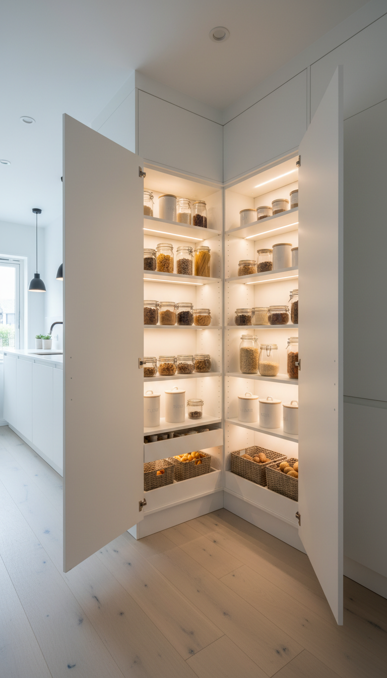 A corner pantry cupboard designed in minimalist white MDF with integrated soft LED strip lighting along each interior shelf, creating a luminous, organized display of pantry goods. Set in a Scandinavian-inspired kitchen with pale wood floors and matte black fixtures, the scene is illuminated by gentle, cool-toned task lighting, which adds contrast and clarity. The mood is serene, clean, and highly functional, highlighting innovation in storage. Photographed from a wide-angle, room-corner perspective, the composition draws the eye into the ample storage space, with a crisp modern style and emphasis on spatial efficiency.